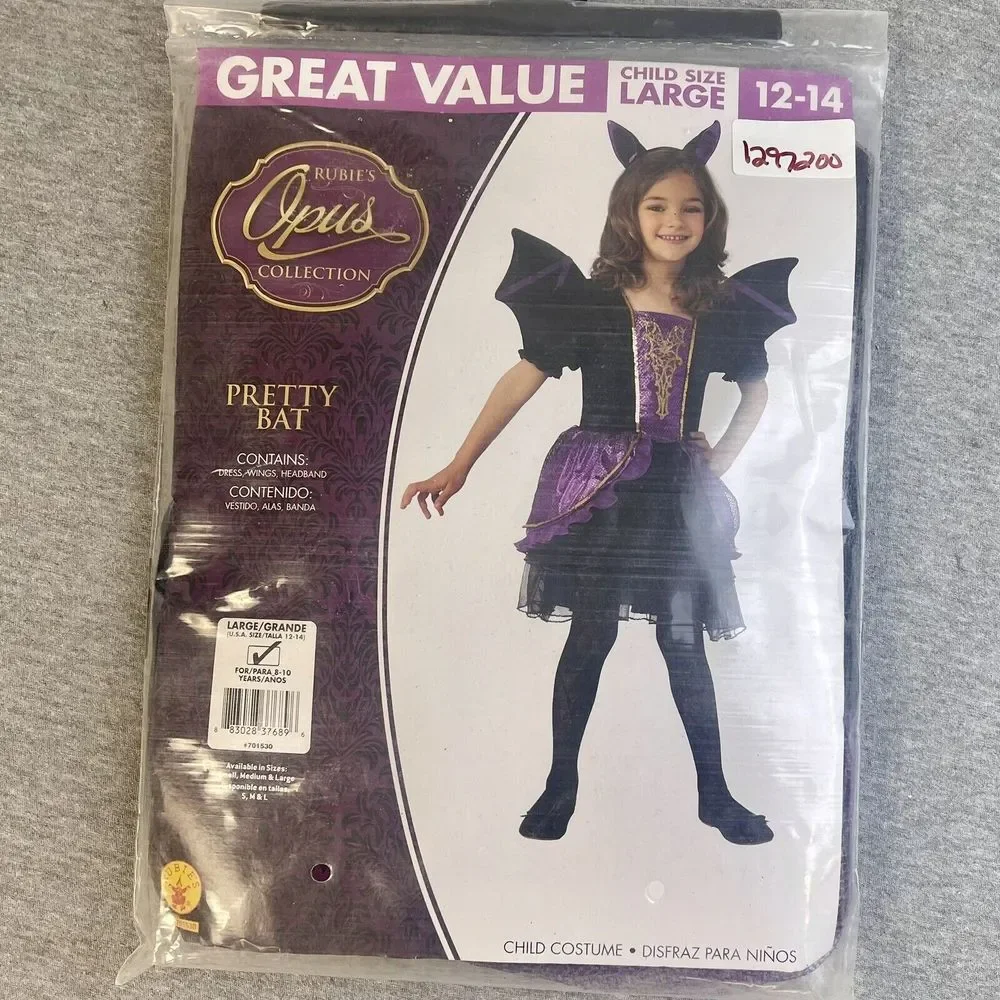 Rubie's Opus Pretty Bat Girl's L (12-14)‎ COSTUME Dress Wings Headband Halloween